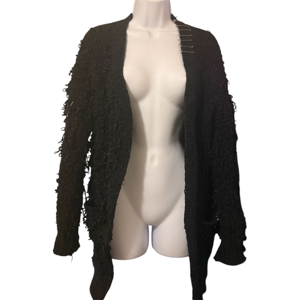 Black Textured Women Sweater With Safety Pins